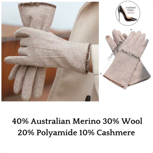 Luxury Cashmere Merino Wool Gloves Classic Beige Driving Winter mittens with bow - Picture 2 of 12